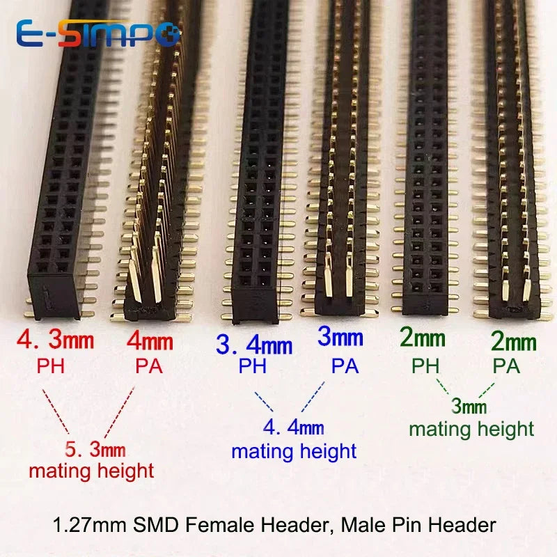 100pcs 1.27mm SMT Header Double Row SMD 2X3/4/5/10/20/25/40/50P Single Plastic Gold-plated B=4.3mm PCB Male Pin Header Connector