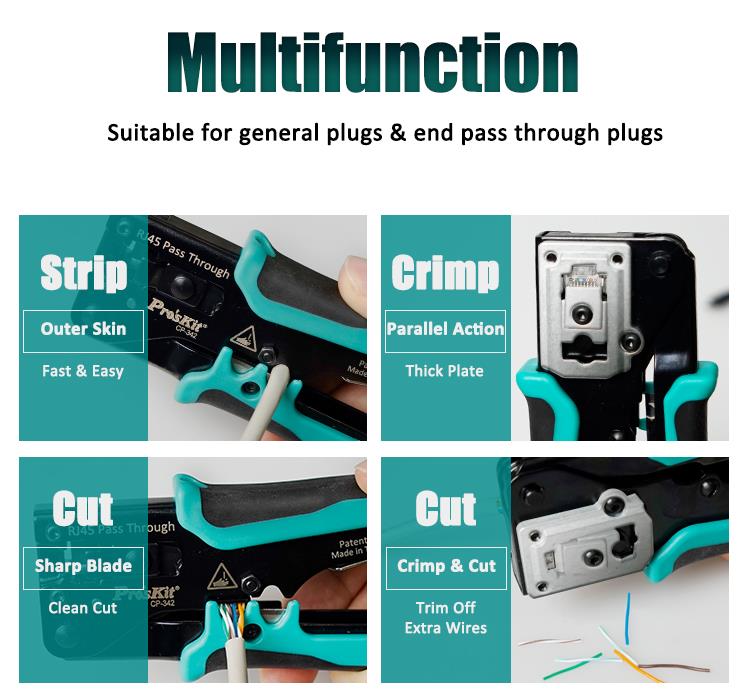Pro'skit CP-342 End Pass Through Mini Crimper Pliers 8P8C RJ45 Perforated Crystal Head Crimp Tool 4in1 Ethernet LAN Stripper