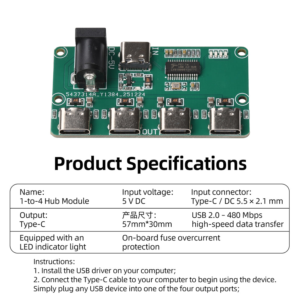 USB2.0 Hub Module DC5V Type C 1 To 4 Port Splitter Board DIY Electronic Circuit Expansion Adapter