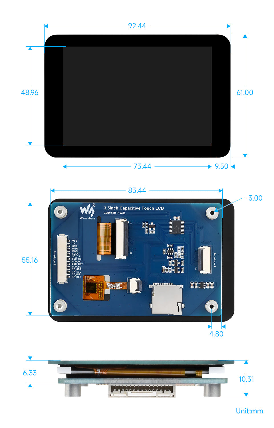 3.5inch Capacitive Touch Display Module, 320×480, Embedded with ST7796S Display Driver and FT6336U Capacitive Touch Controller