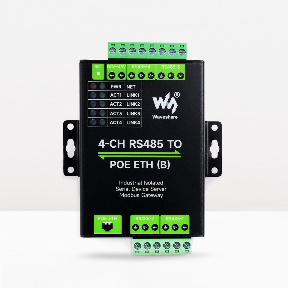 Waveshare 4-CH RS485 TO ETH (B),Ethernet Serial Server, 4 Channels RS485 Independent Operation, Rail-mount Industrial Isolated