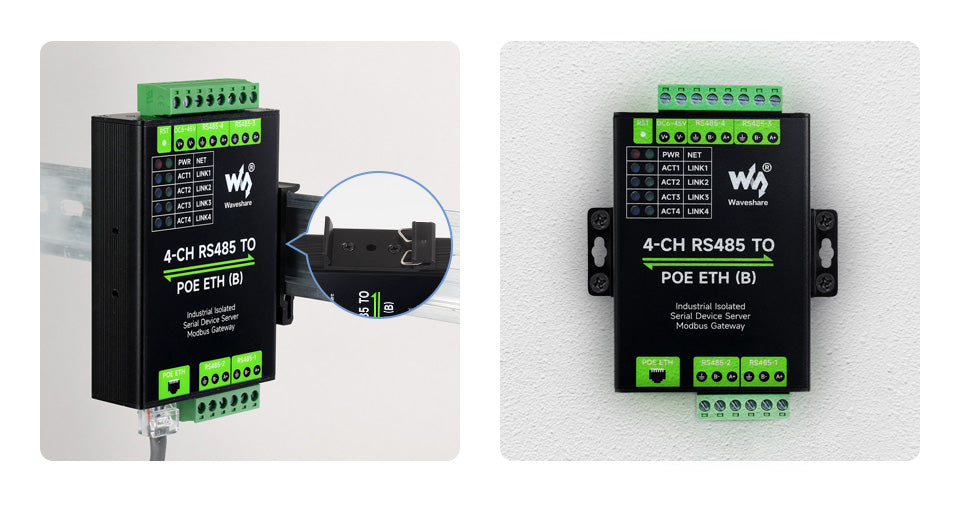 Waveshare 4-CH RS485 TO ETH (B),Ethernet Serial Server, 4 Channels RS485 Independent Operation, Rail-mount Industrial Isolated