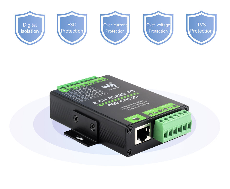 Waveshare 4-CH RS485 TO ETH (B),Ethernet Serial Server, 4 Channels RS485 Independent Operation, Rail-mount Industrial Isolated