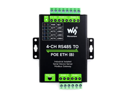 Waveshare 4-CH RS485 TO ETH (B),Ethernet Serial Server, 4 Channels RS485 Independent Operation, Rail-mount Industrial Isolated