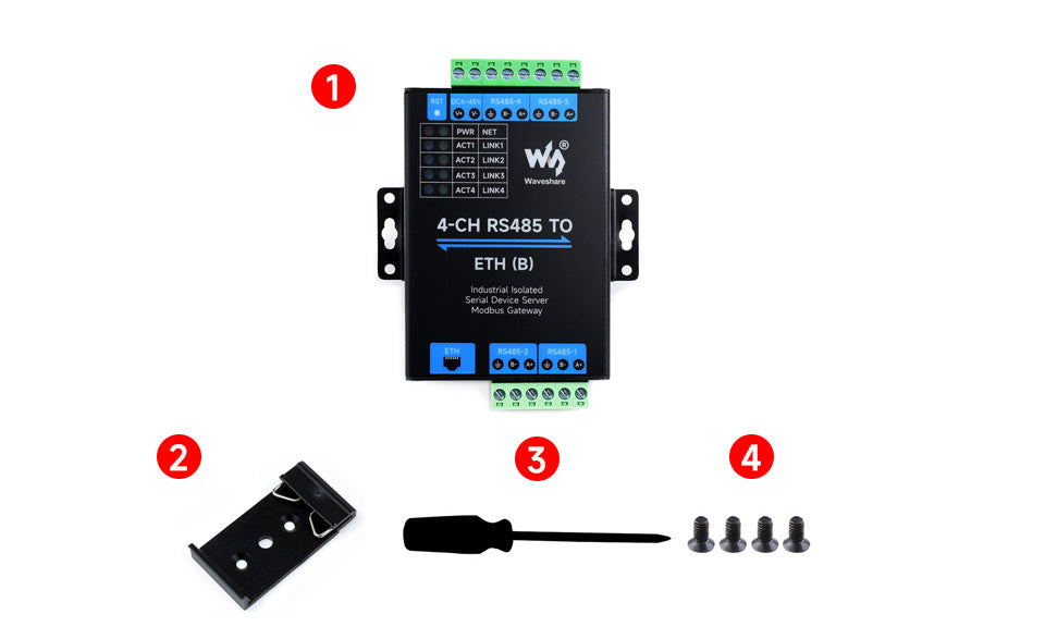 Waveshare 4-CH RS485 TO ETH (B),Ethernet Serial Server, 4 Channels RS485 Independent Operation, Rail-mount Industrial Isolated