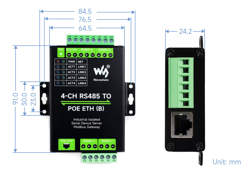 Waveshare 4-CH RS485 TO ETH (B),Ethernet Serial Server, 4 Channels RS485 Independent Operation, Rail-mount Industrial Isolated
