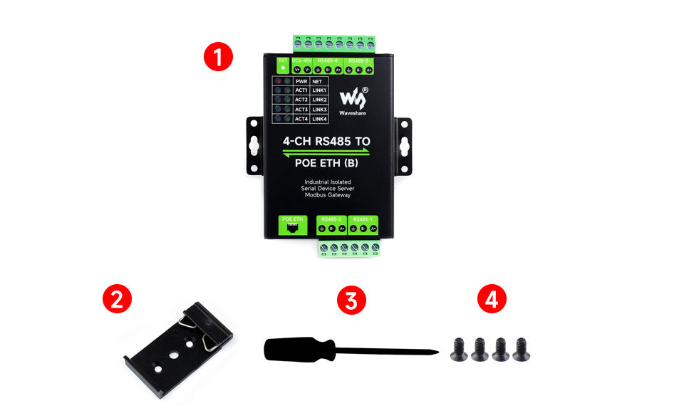 Waveshare 4-CH RS485 TO ETH (B),Ethernet Serial Server, 4 Channels RS485 Independent Operation, Rail-mount Industrial Isolated