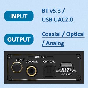 Desktop Bluetooth Receiver BT V5.3/LDAC USB Decoder with Optical Coaxial RCA Output-QCC5171 BEA1 w CE FCC ID Certification