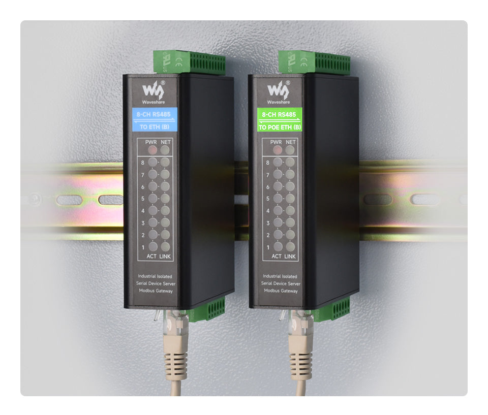 Waveshare 8-Ch RS485 to RJ45 Ethernet Serial Server, 8 Channels RS485 Independent Operation, Optional PoE Function  Rail-mount