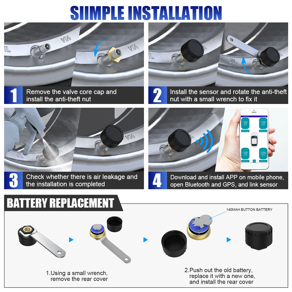 Bluetooth 5.0 External Mobile Phone APP Display TPMS Android/IOS Tire Pressure Monitoring System Car Tire Pressure Sensors