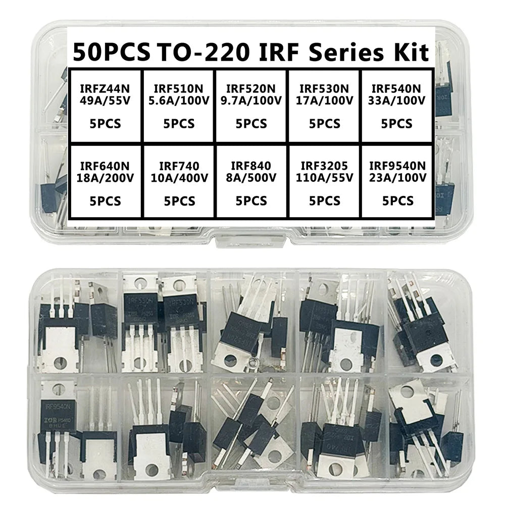 50PCS TO-220 IRF Series Kit IRFZ44N IRF510N IRF520N IRF530N IRF540N IRF640N IRF740 IRF840 IRF3205... MOSFET Power Transistor Kit