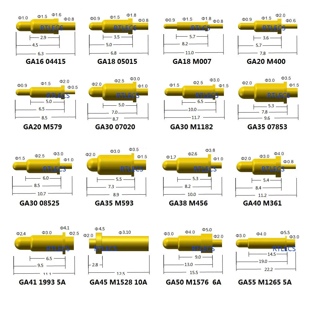 10pcs Spring-Loaded Connector through Hole PCB Height 3 4 5 6 7 8 9 to 20.5 mm Spring Header Pogo Pins 12V 2A Gold Plated