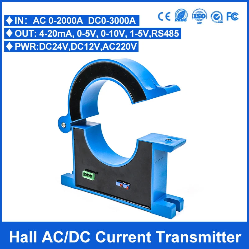 Split hall effect AC/DC current transmitter open loop current transducer sensor 4-20mA output 0-100A, 0-200A, 0-500A, 0-1000A