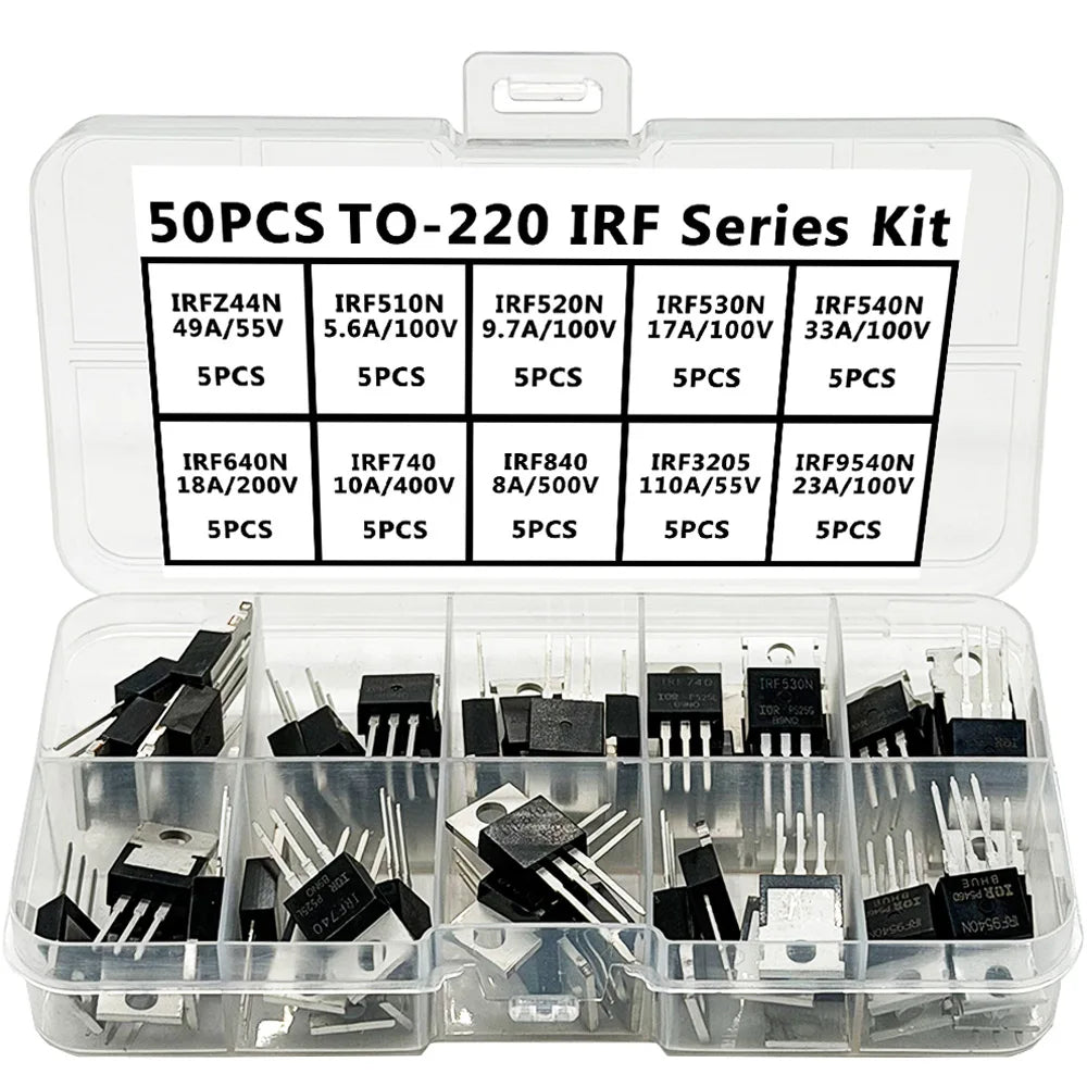 50PCS TO-220 IRF Series Kit IRFZ44N IRF510N IRF520N IRF530N IRF540N IRF640N IRF740 IRF840 IRF3205... MOSFET Power Transistor Kit