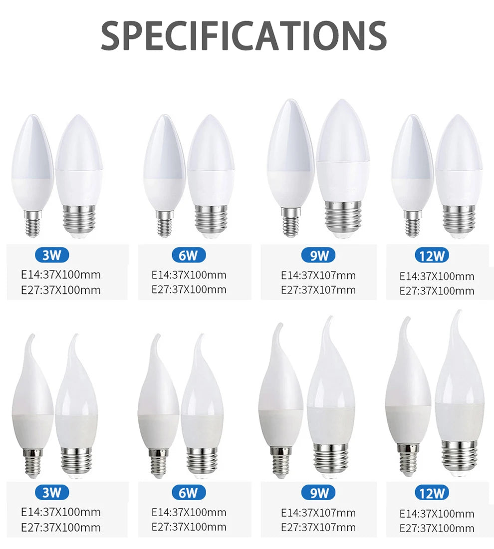 6Pcs  led Light bulb E14 E27 LED Lamp Indoor Warm Cold White Light 3W 6W 9W 12W 15W 220V LED Candle Bulb Home Decor Chandelier