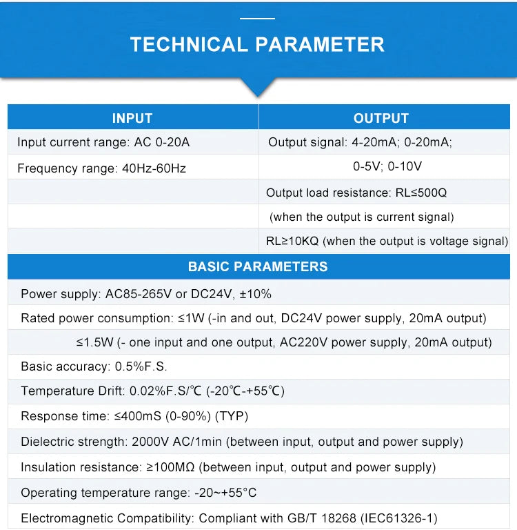 AC Current Transmitters 220VAC Power Supply 1000V AC Voltage Transducer Sensor 0-1A 5A 10A 20A AC 4-20mA Output