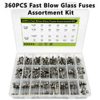 360Pcs Fast Blow Glass Fuses Assortment Kit 24 Values Auto Fuses Assortment Kit 250V 5x20mm & 6x30mm Glass Tube Fuses with Box