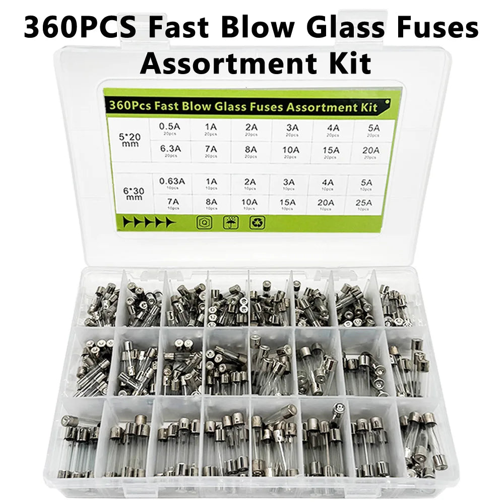 360Pcs Fast Blow Glass Fuses Assortment Kit 24 Values Auto Fuses Assortment Kit 250V 5x20mm & 6x30mm Glass Tube Fuses with Box