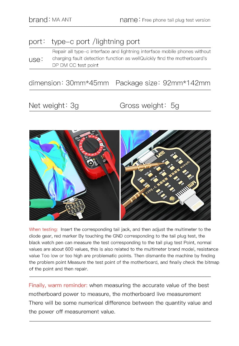Mechanic T-824 No Disassembly Required Mobile Phone Tail Insertion Detector Digital Display Current Power Check Type-C Lightning