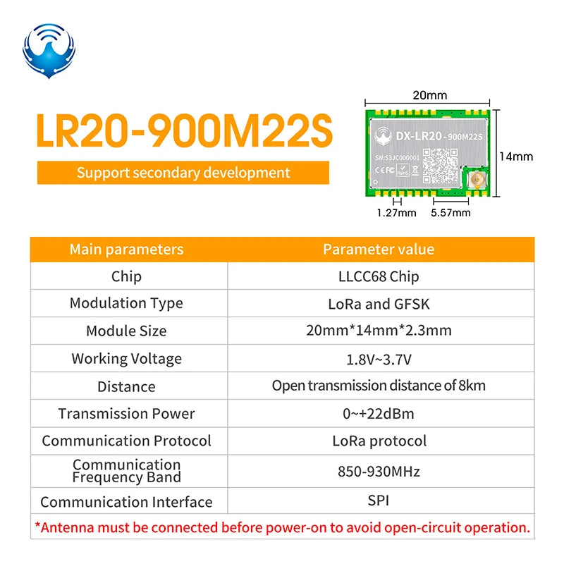 LLCC68 LoRa Wireless Module 868Mhz 915Mhz 433 475Mhz DX-LR20 22dBm 8KM Long Range SMD RF Module Power Supply