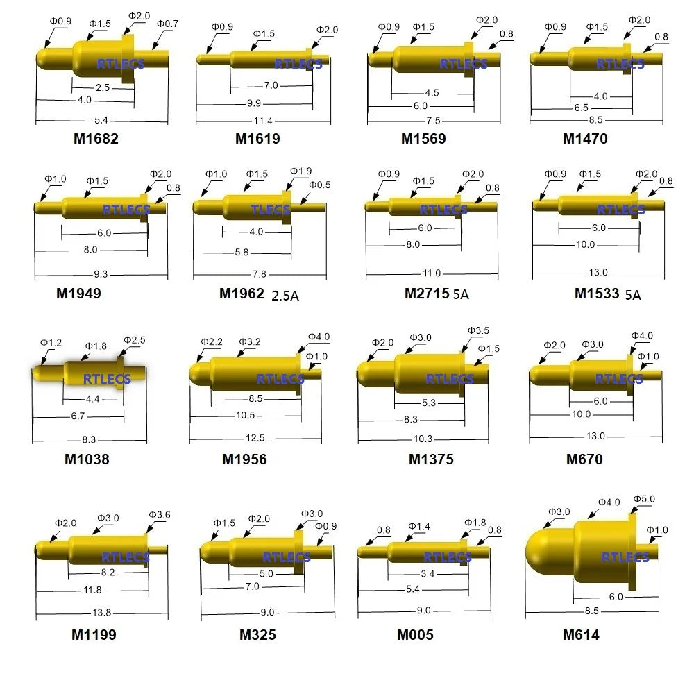 10pcs Spring-Loaded Connector through Hole PCB Height 3 4 5 6 7 8 9 to 20.5 mm Spring Header Pogo Pins 12V 2A Gold Plated