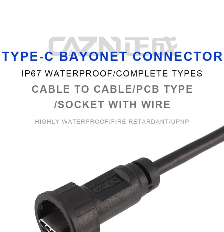 CAZN Waterproof IP67 IP68 Type C Female to Male PFC Flat Cable 3.1 Speed Bayonet-type Type-C 3.1 10GB