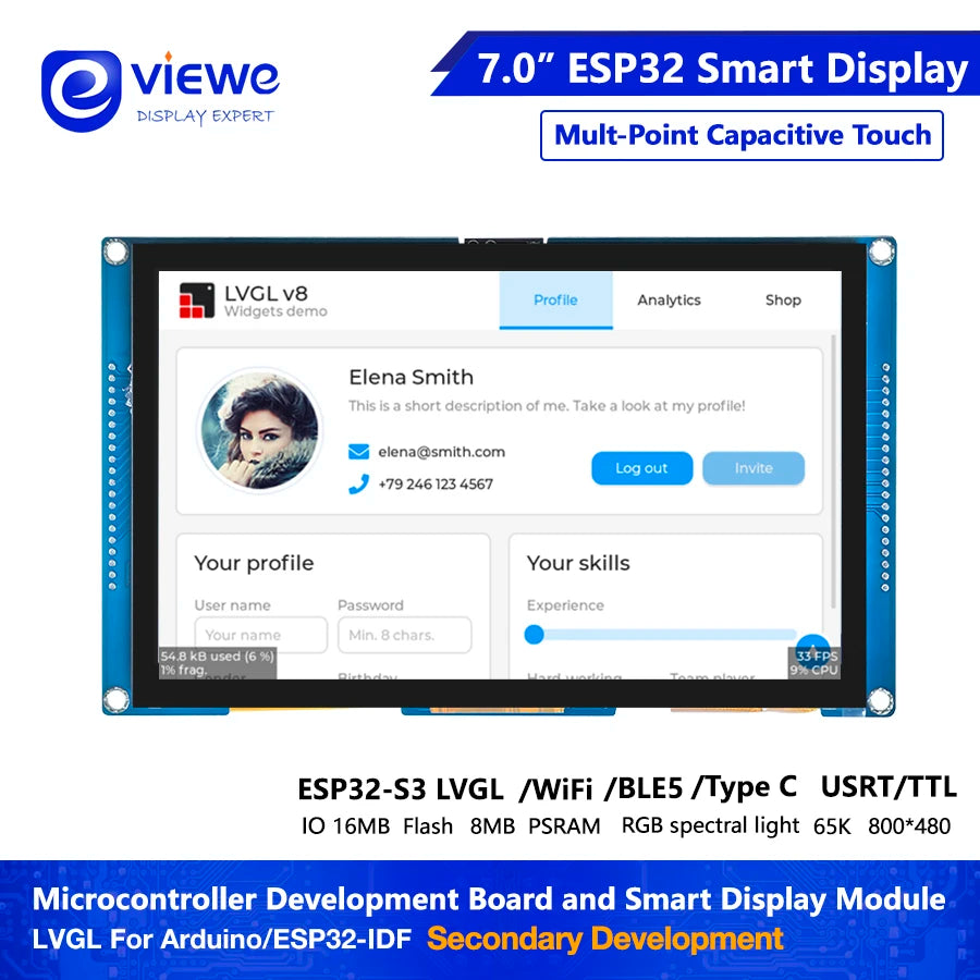 ESP32-S3 7 inch Capacitive Touch Screen Development Board IPS TFT Display Touch Screen Ar-duino LVGL WIFI BLe Uart Smart Module
