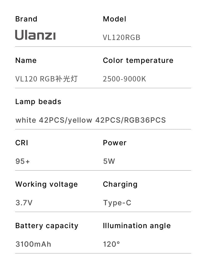 Ulanzi VL120 RGB Camera Light with Diffuser 2500-9000K CRI 95+ 3100mAh LED Video Light Panel for Camera Phone Photography Lights