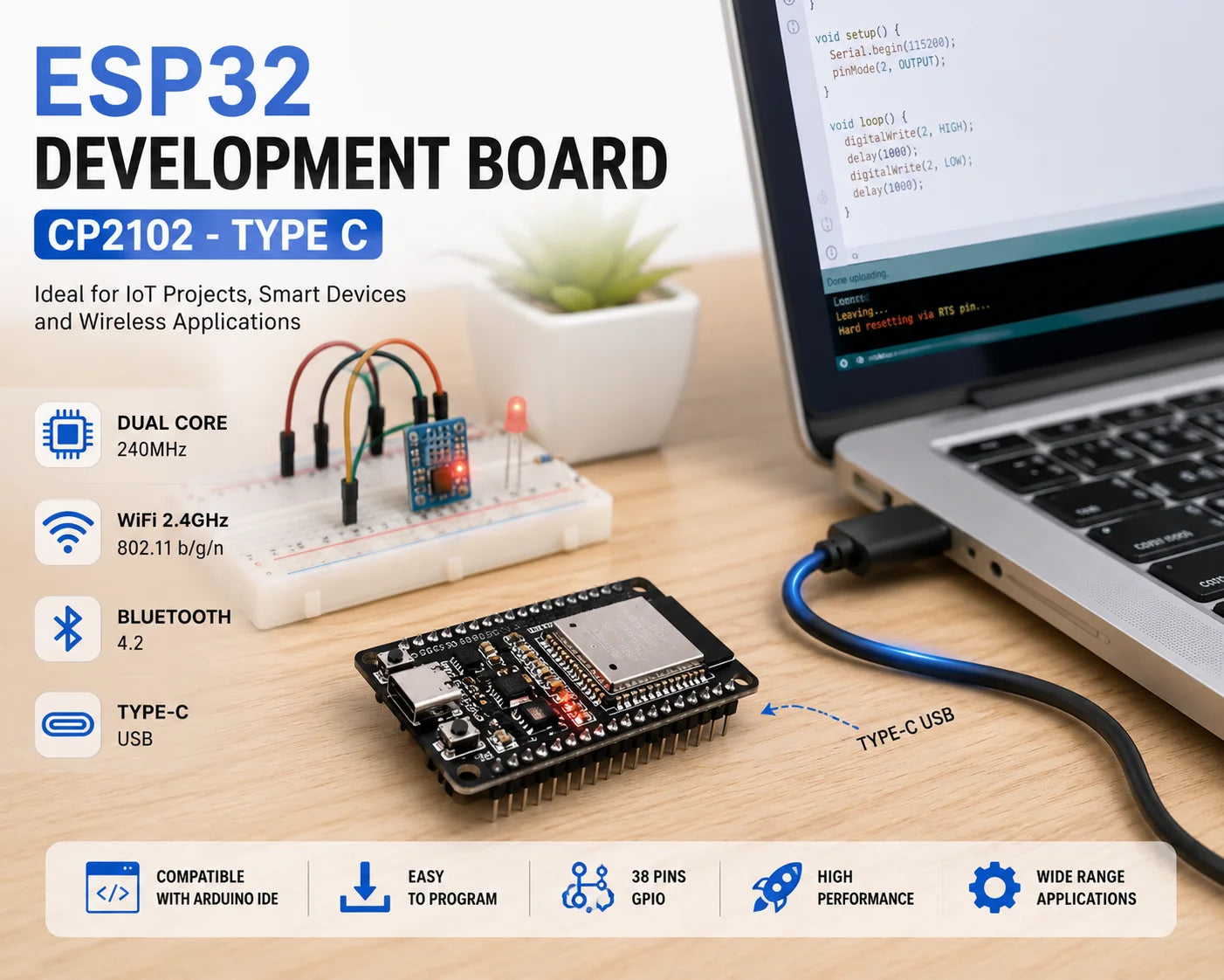 ESP32 Development Board Dual Core WiFi Bluetooth IoT Module ESP32-WROOM-32U 38 Pins CP2102 Type-C CH340 Micro USB NodeMCU
