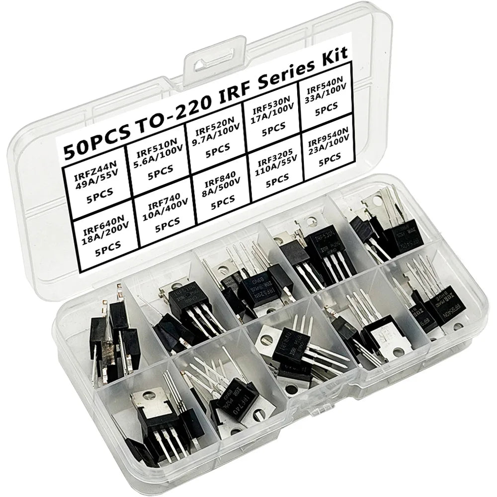 50PCS TO-220 IRF Series Kit IRFZ44N IRF510N IRF520N IRF530N IRF540N IRF640N IRF740 IRF840 IRF3205... MOSFET Power Transistor Kit