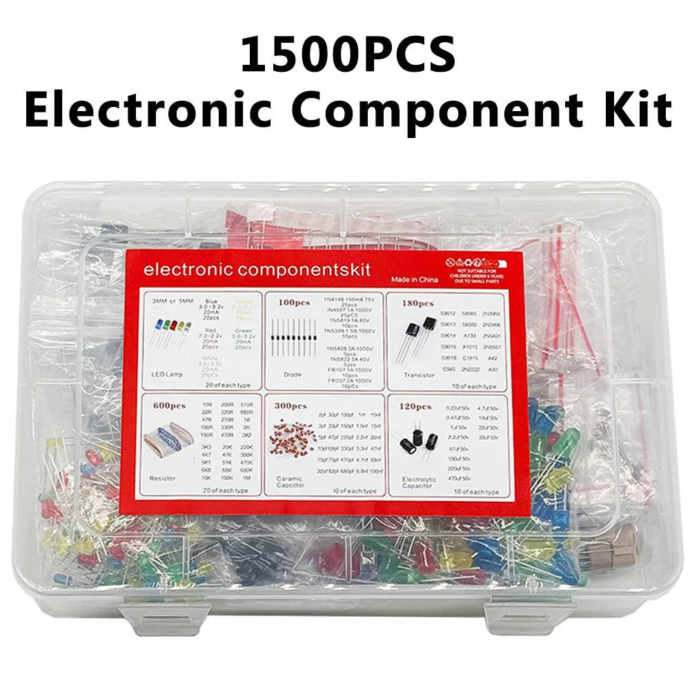 1500PCS Electronic Components Kit Resistor Electrolytic Capacitor  F5mmLED F3mmLED  Diode Transistor  Ceramic Capacitor with Box