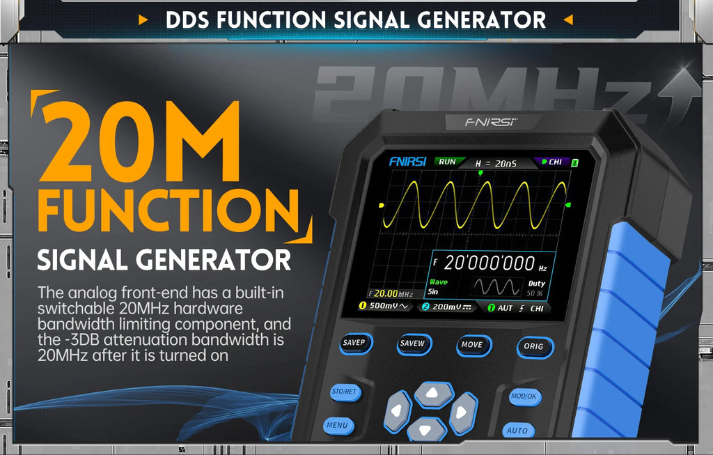 FNIRSI DPOX180H Handheld Dual Channel Digital Oscilloscope 180MHz-3DB 2 In 1 Function Signal Generator Fluorescence Display ZOOM