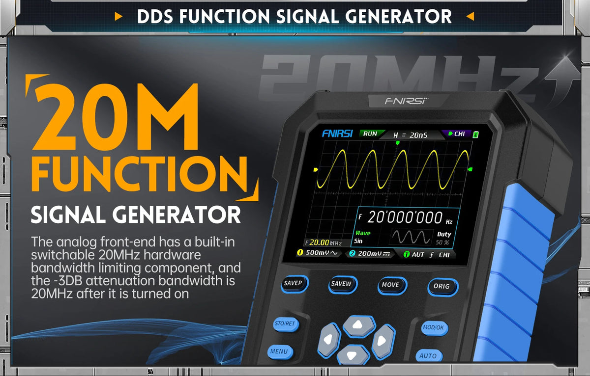 FNIRSI DPOX180H Handheld Dual Channel Digital Oscilloscope 180MHz-3DB 2 In 1 Function Signal Generator Fluorescence Display ZOOM