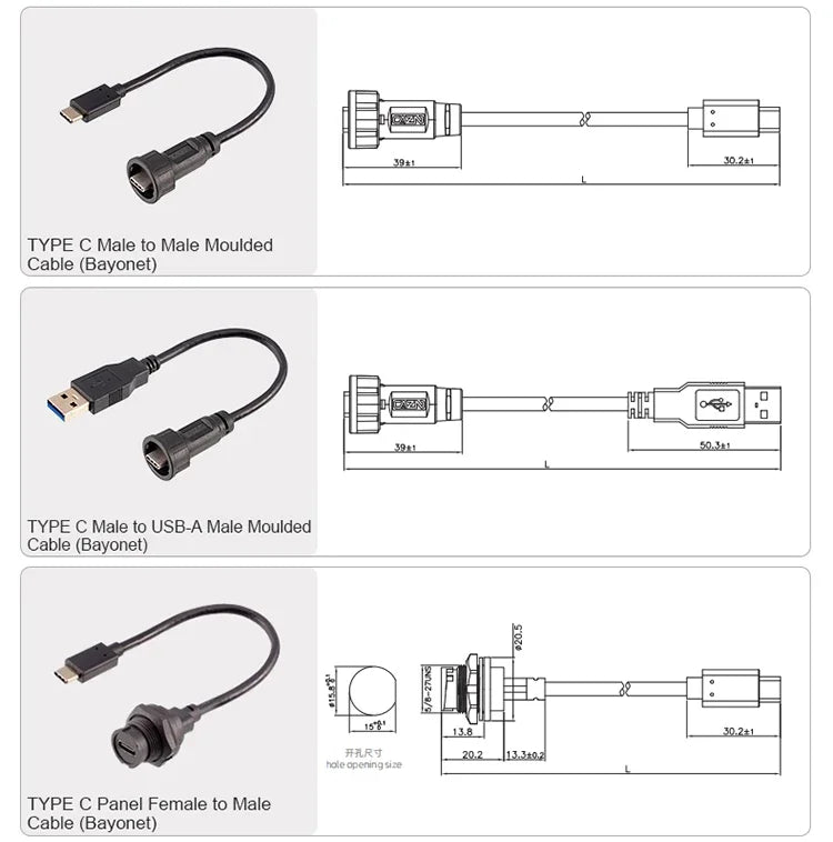 CAZN Waterproof IP67 IP68 Type C Female to Male PFC Flat Cable 3.1 Speed Bayonet-type Type-C 3.1 10GB