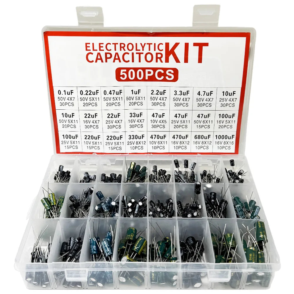 500PCS 0.1uF-1000uf 24Values Electrolytic Capacitor Mixed DIP Electronic Kit Electrolyte Capacitors 10V 16V 25V 50V