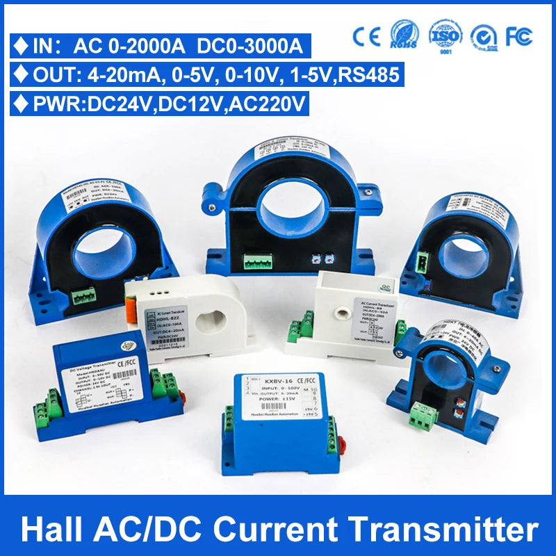 Split hall effect AC/DC current transmitter open loop current transducer sensor 4-20mA output 0-100A, 0-200A, 0-500A, 0-1000A