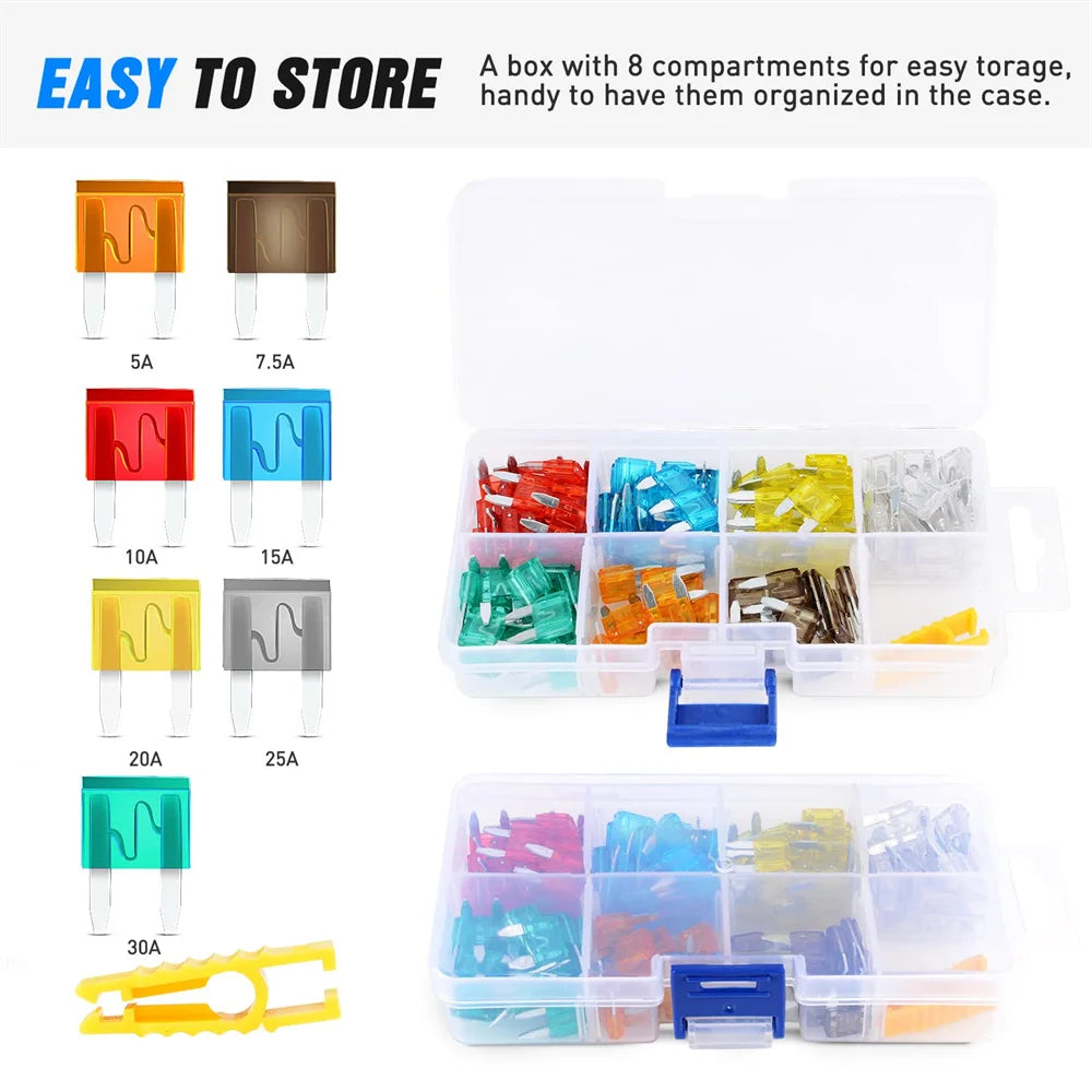 120PCS Mini/Standard  ATM/APM Blade Fuse 5A/7.5A/10A/15A/20A/25A/30A AMP Set with 10 Pack 14AWG ATC/ATO Inline Fuse Holder