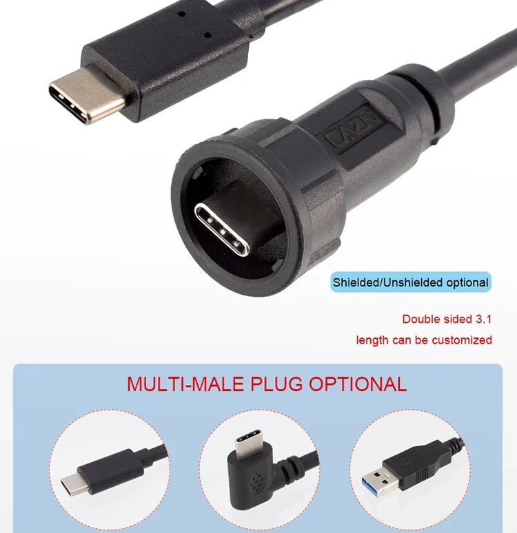 CAZN Waterproof IP67 IP68 Type C Female to Male PFC Flat Cable 3.1 Speed Bayonet-type Type-C 3.1 10GB