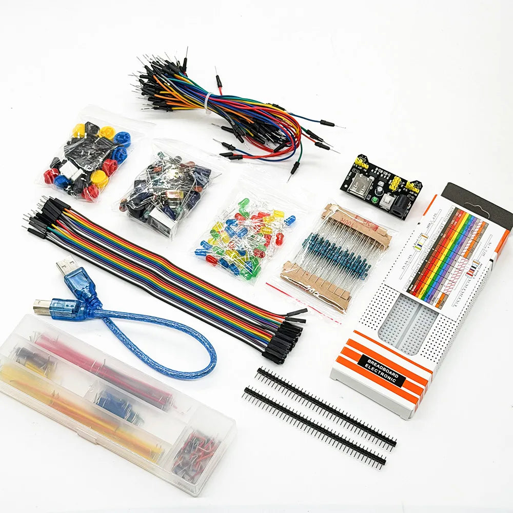 Electronics DIY Starter Learning Kit for arduino R3 board, MB-102 Dupont wire USB cable jumper wire resistor, Button switch, LED