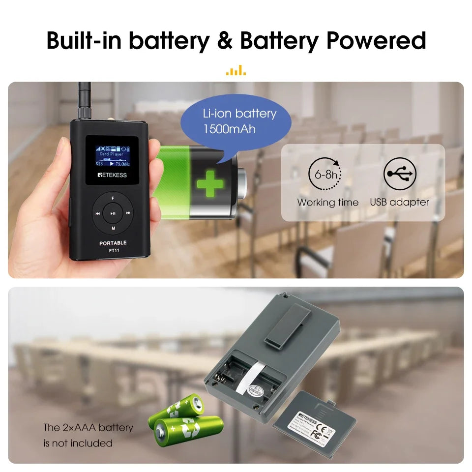 Retekess FT11 0.3W Wireless FM Broadcast Transmitter MP3 Portable for Church Car Meeting Support TF Card AUX Input