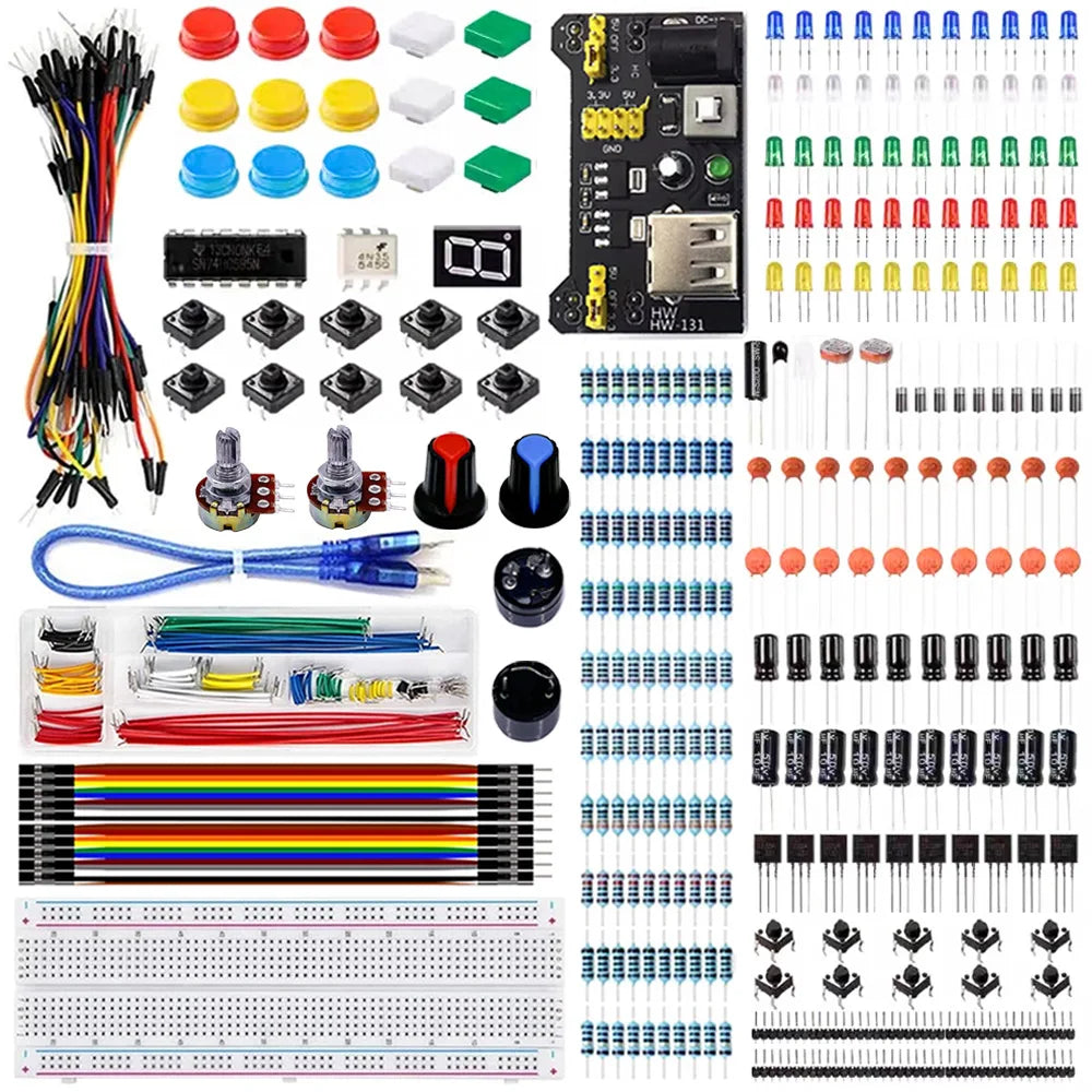 Electronics DIY Starter Learning Kit for arduino R3 board, MB-102 Dupont wire USB cable jumper wire resistor, Button switch, LED