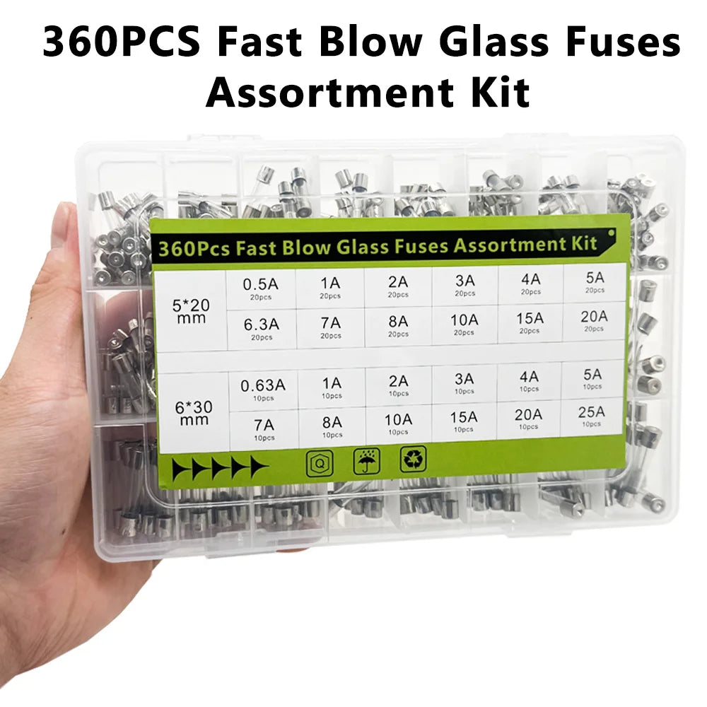 360Pcs Fast Blow Glass Fuses Assortment Kit 24 Values Auto Fuses Assortment Kit 250V 5x20mm & 6x30mm Glass Tube Fuses with Box
