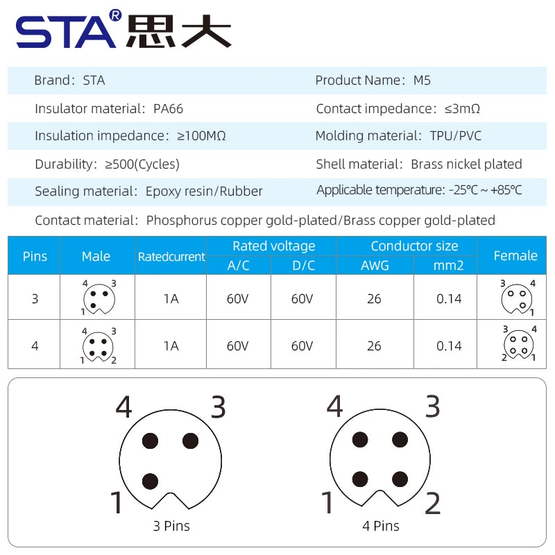 M5 IP67 Sensor Aviation Plug 3 4 Pin Male/female Cable PVC 1M Straight/Angled Waterproof Molded Connector