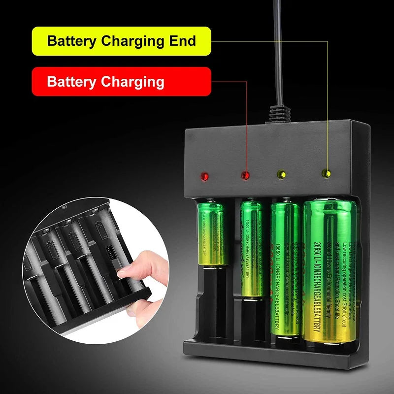 4-Pack Battery With 4 Bay Li-ion Lithium Charger Set，4 Bay Li-ion Lithium Battery Set  Flat Top 4000mAh Rechargeable 3.7V Li-ion 18650 Replacement Battery with Charger for Flashlights,Headlamps,and More Toy Remote Control D