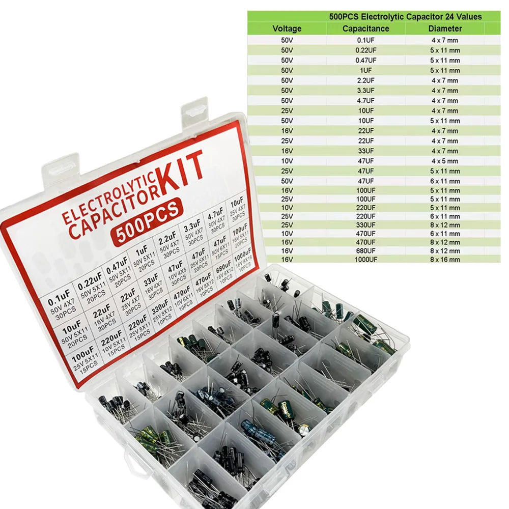 500PCS 0.1uF-1000uf 24Values Electrolytic Capacitor Mixed DIP Electronic Kit Electrolyte Capacitors 10V 16V 25V 50V
