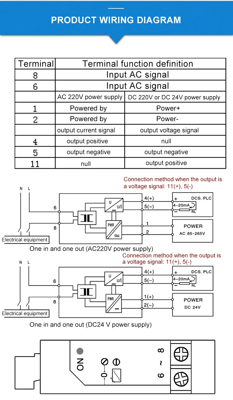 AC Current Transmitters 220VAC Power Supply 1000V AC Voltage Transducer Sensor 0-1A 5A 10A 20A AC 4-20mA Output