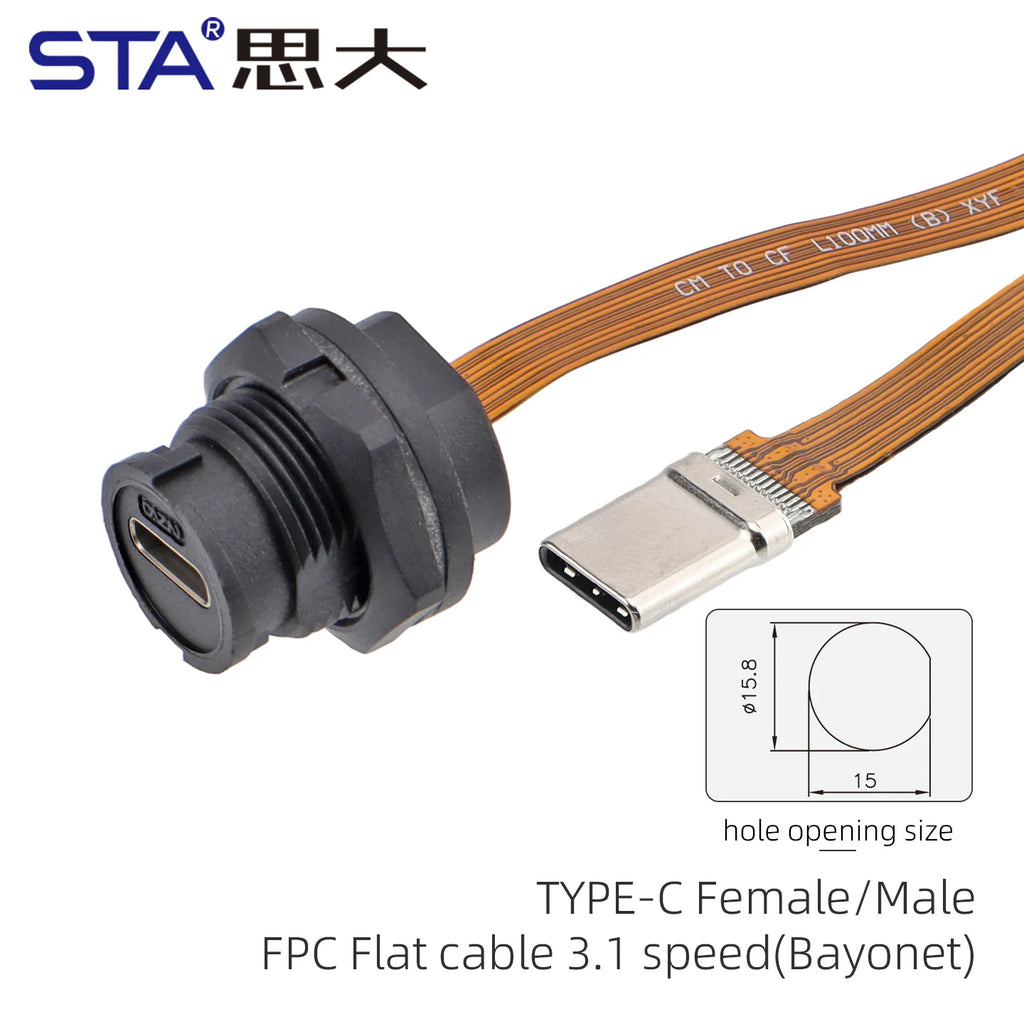Type-c to USB 3.0 IP67/Ip68 Waterproof Connector Aviation Plug Quick Charge Female to Female Panel Mount PCB Socket FPC Cable