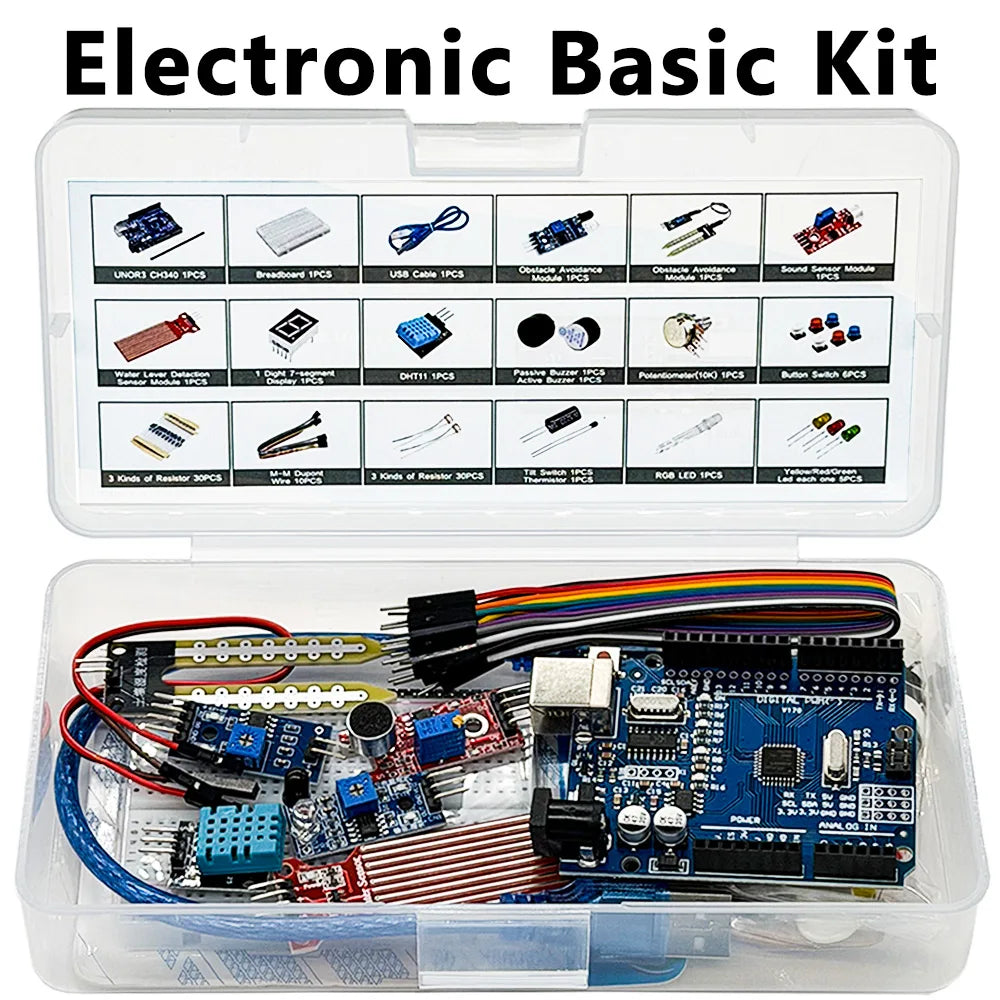 Electronic Basic Starter Kit for arduino Uno R3, Sound sensor, Water level, DHT11, LED,400hole Breadboard, Dupont, Atmelmage328P