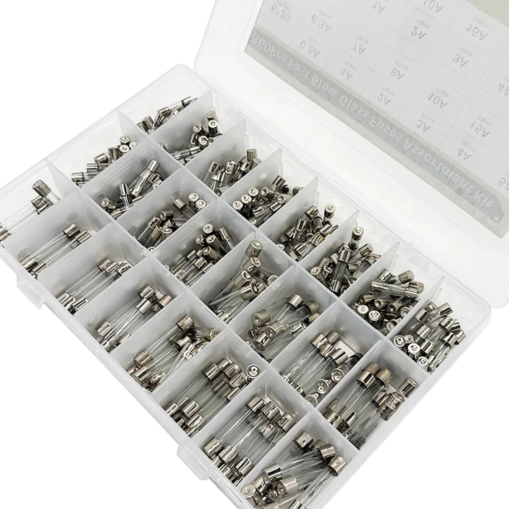 360Pcs Fast Blow Glass Fuses Assortment Kit 24 Values Auto Fuses Assortment Kit 250V 5x20mm & 6x30mm Glass Tube Fuses with Box