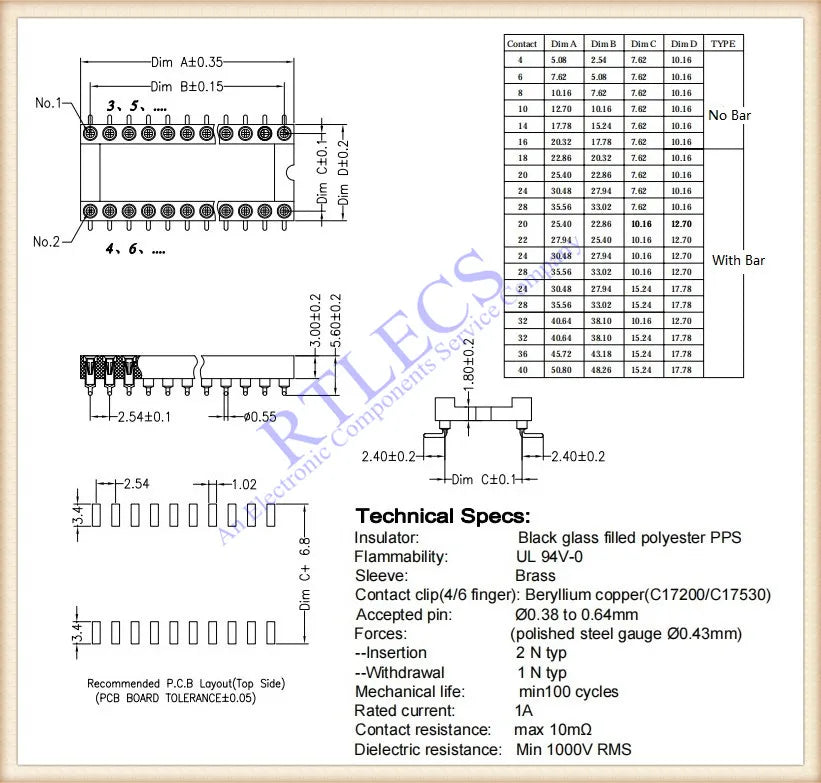 5/50 Pcs 2.54MM Pitch SMD DIP IC Socket Contact Clip Surface Mount Machined Receptacle 4 6 8 10 12 14 16 18 20 24 Pin Row 7.62mm